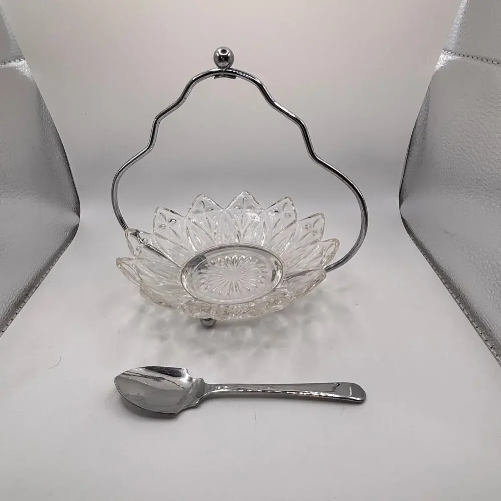 VTG Federal Glass Co. Petal Pattern Jam Relish Candy Nut Trinket Dish and Spoon